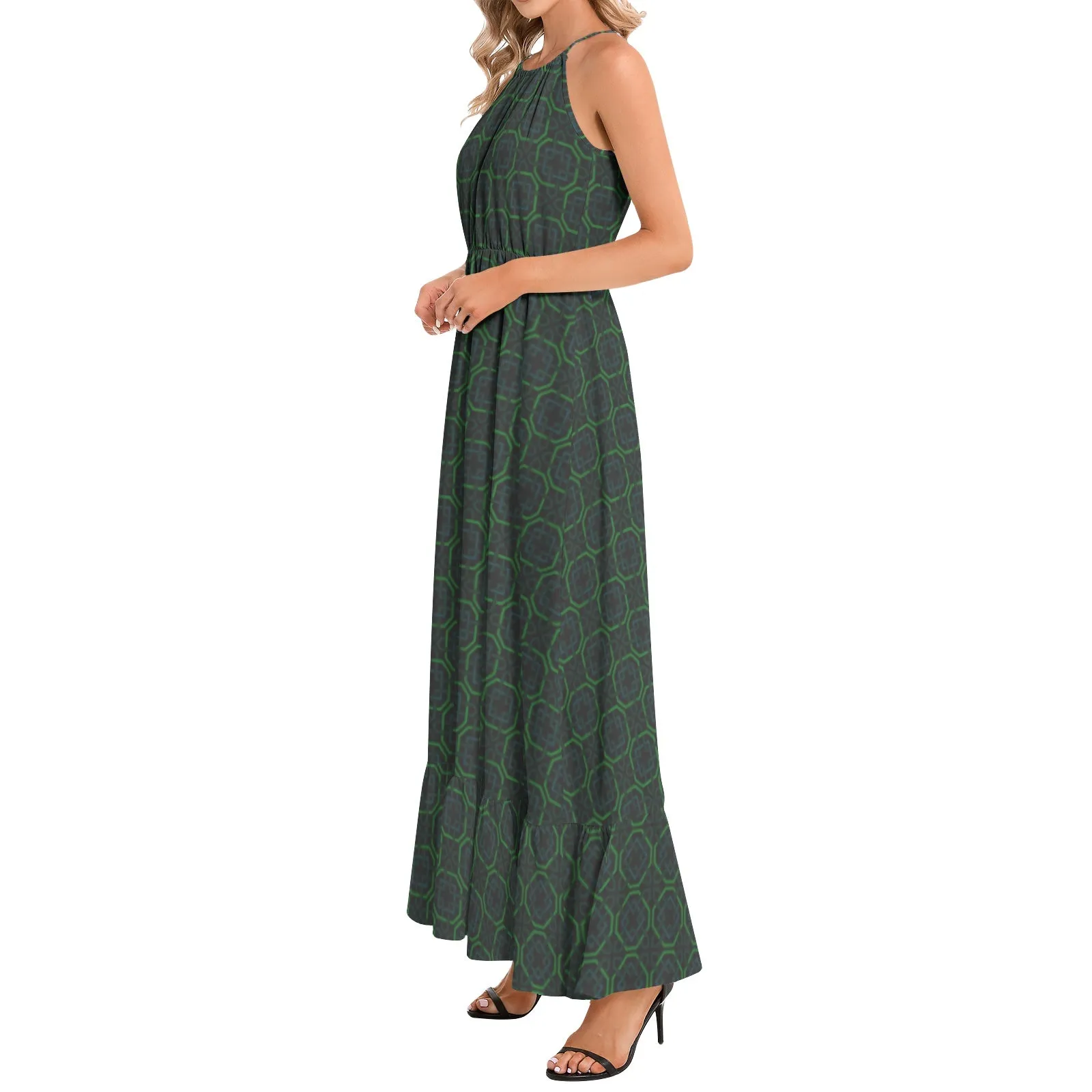 Emerald Maze Ruffle Hem Halter Neck Maxi Dress