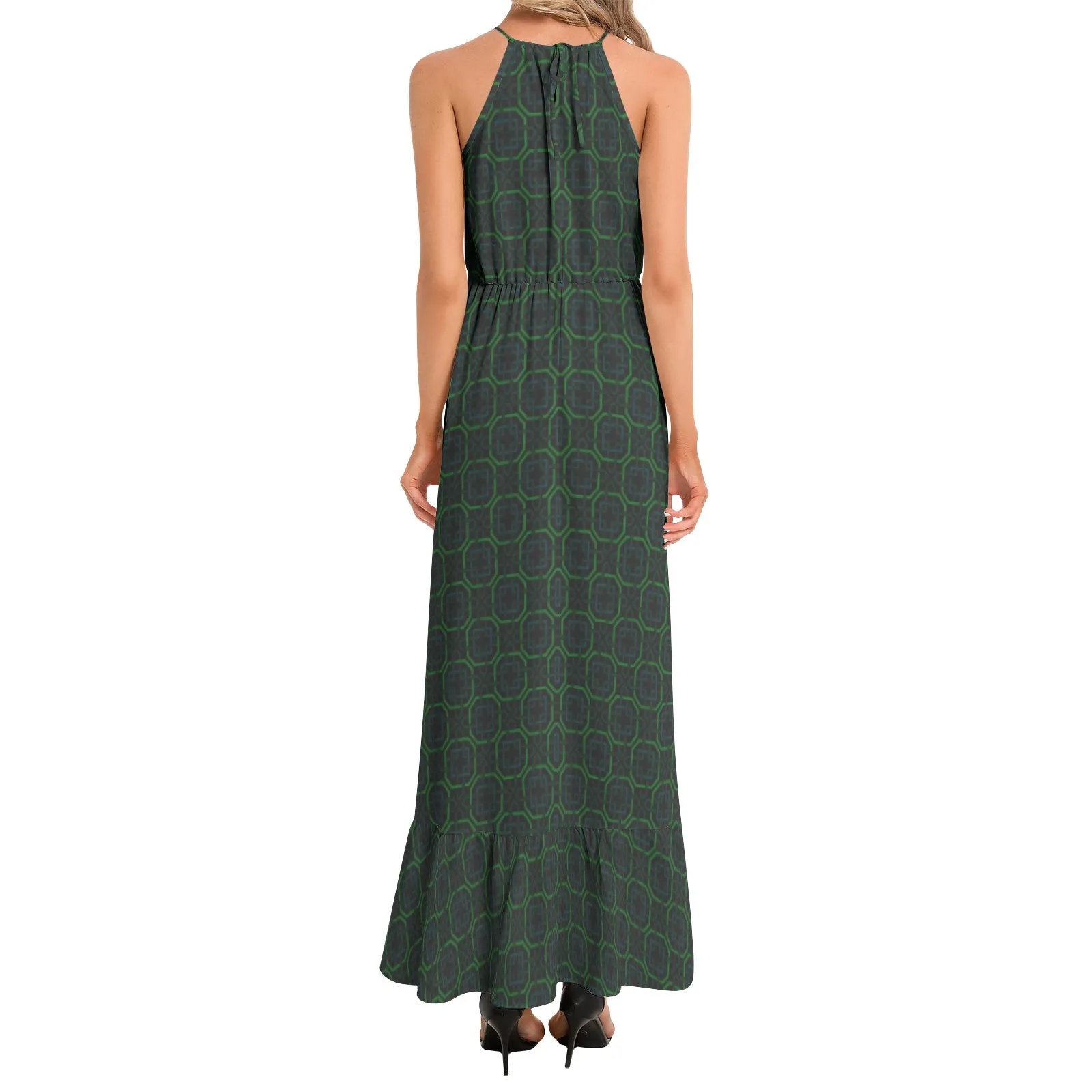 Emerald Maze Ruffle Hem Halter Neck Maxi Dress