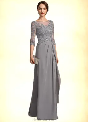 Emerson A-Line Scoop Neck Floor-Length Chiffon Lace Mother of the Bride Dress With Beading Sequins Cascading Ruffles STK126P0014529