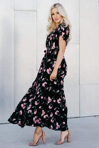 Faux Wrap Maxi Dress: Black Floral