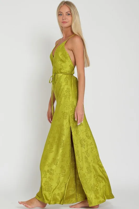 Genevieve Jacquard Satin Bias Cut Slip Maxi Dress - Peridot