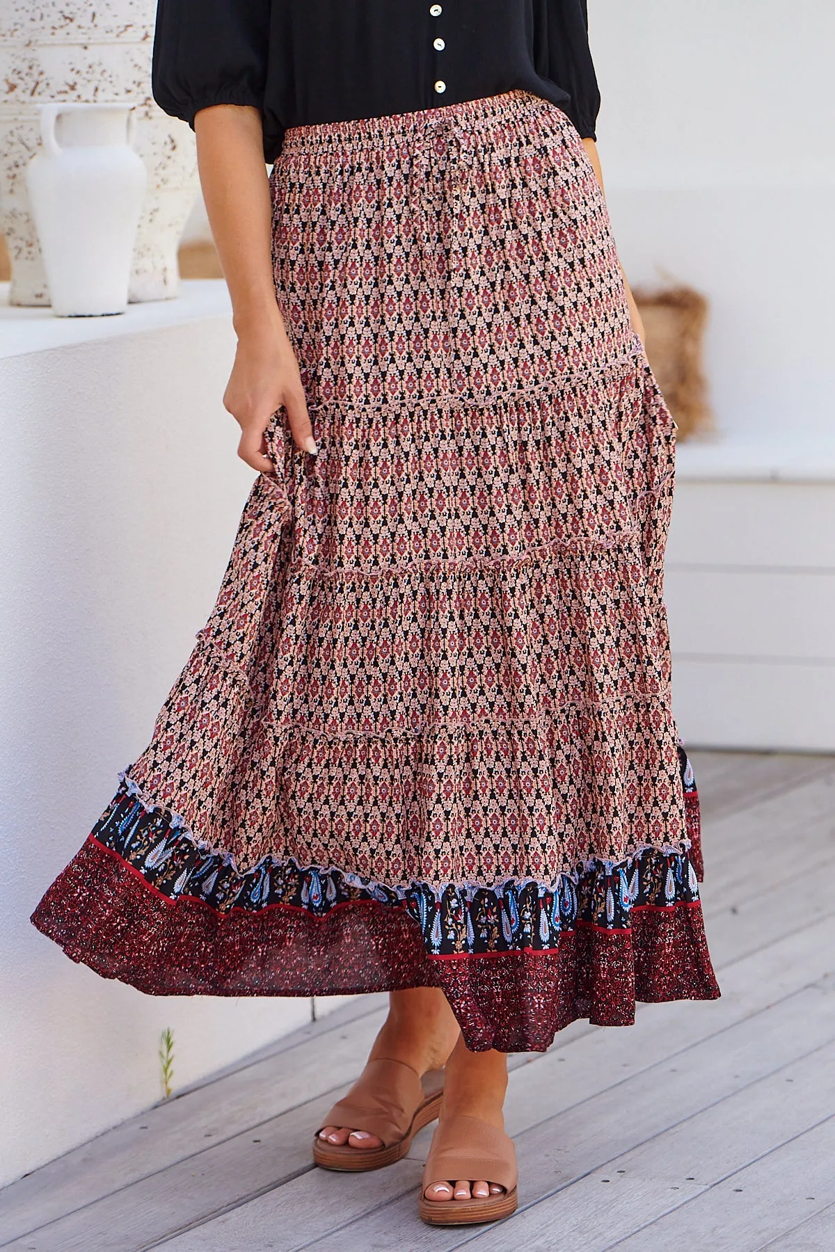 Gianni Red/Black Boho Print Maxi Skirt