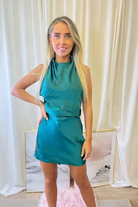 Green Halter Neck Satin Dress