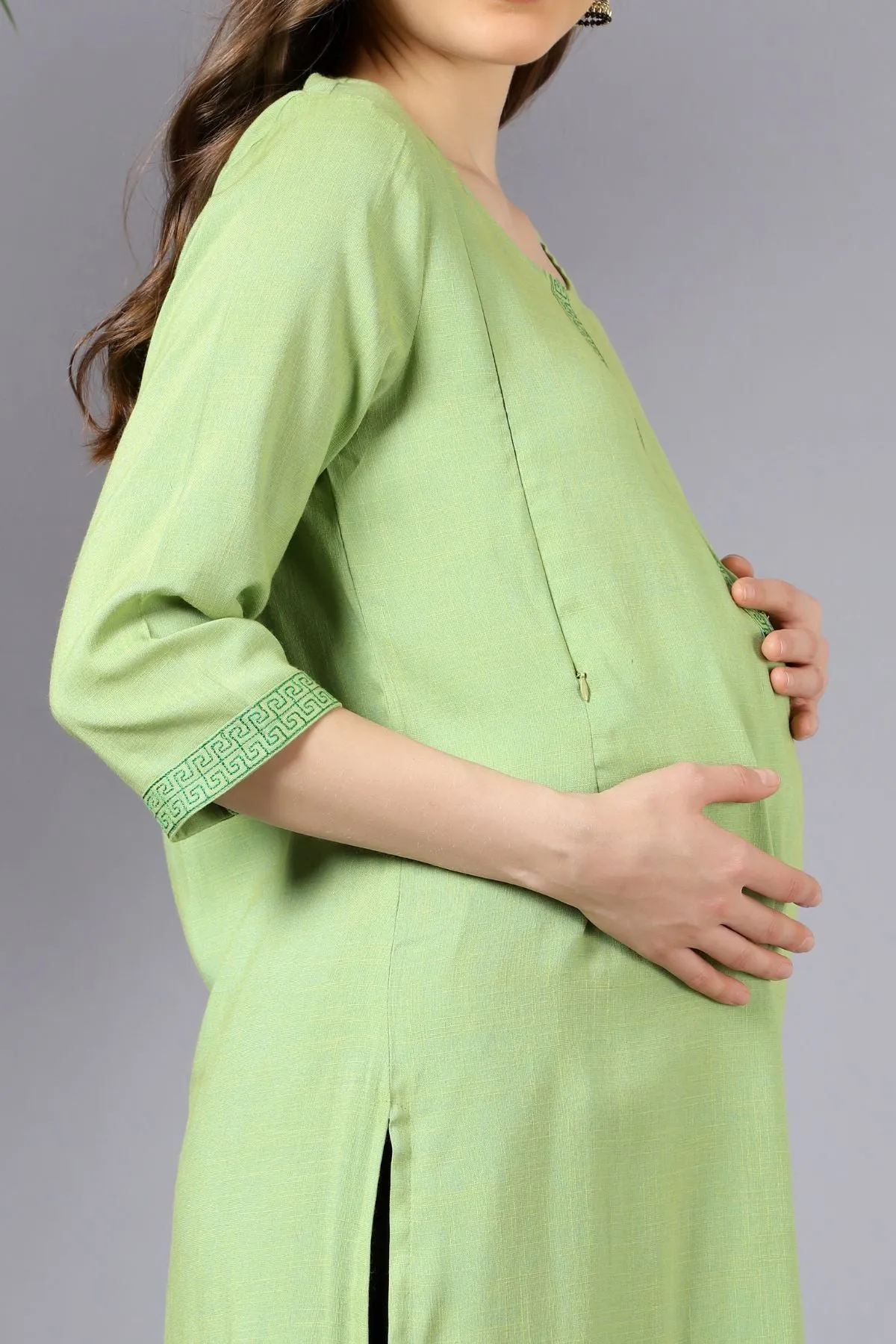 Green Two Tone Embellished Feeding Kurti