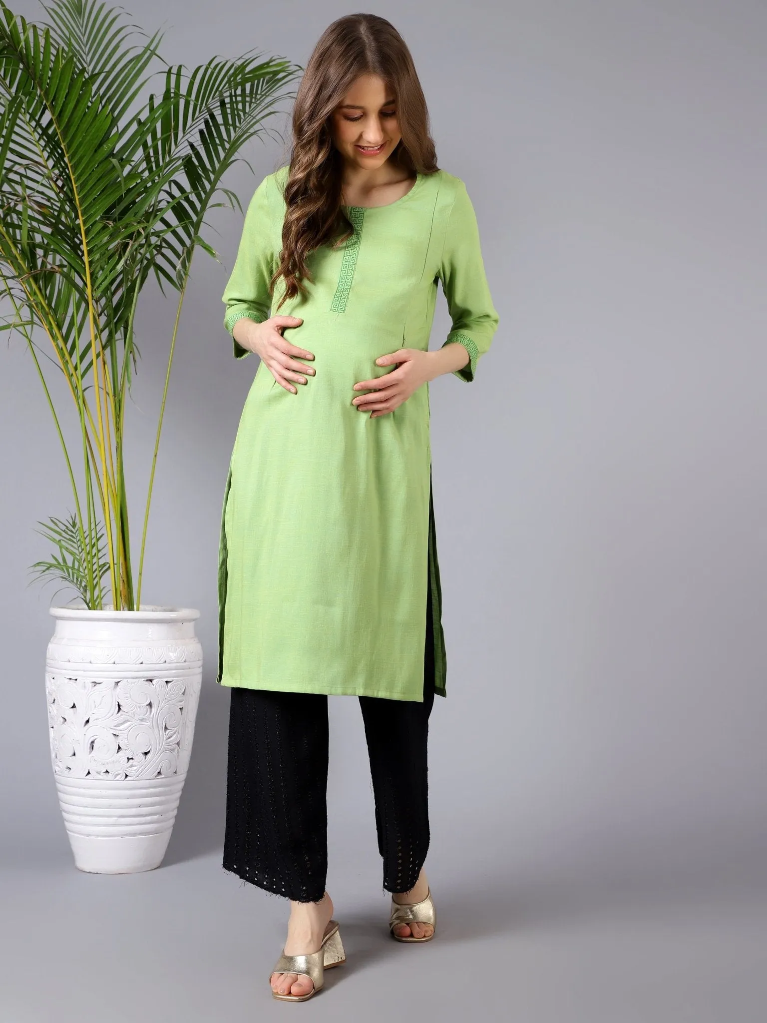 Green Two Tone Embellished Feeding Kurti