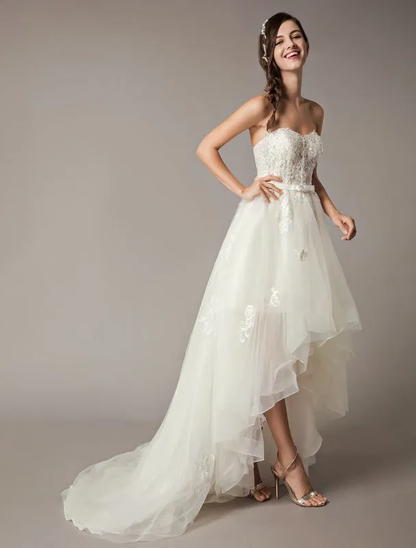 High Low Wedding Dresses Strapless Lace Tulle Bow Sash Asymmetrical Summer Beach Bridal Dress