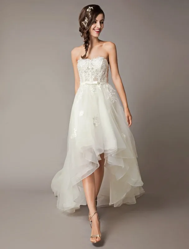 High Low Wedding Dresses Strapless Lace Tulle Bow Sash Asymmetrical Summer Beach Bridal Dress