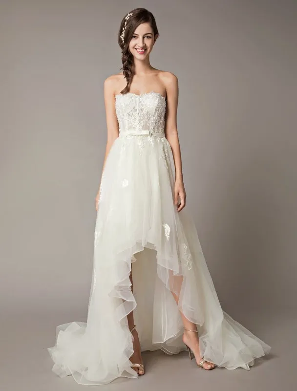 High Low Wedding Dresses Strapless Lace Tulle Bow Sash Asymmetrical Summer Beach Bridal Dress