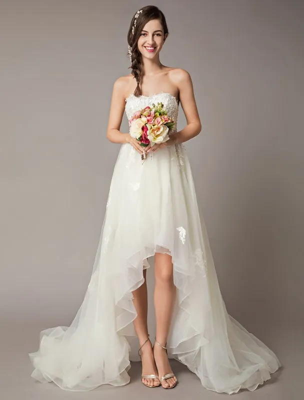 High Low Wedding Dresses Strapless Lace Tulle Bow Sash Asymmetrical Summer Beach Bridal Dress