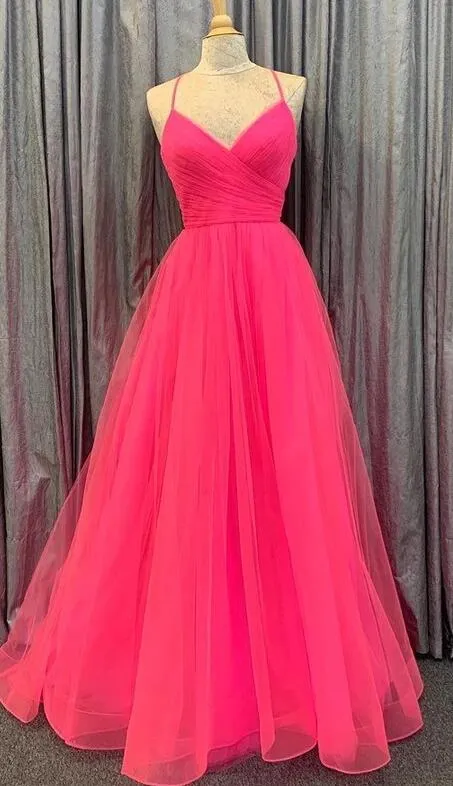 Hot Pink Lace-Up Back Pleated A-line Long Prom Dress  PC1351