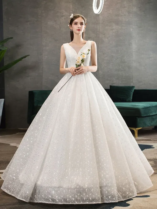 Ivory Wedding Dress Tulle Beaded V Neck Sleeveless Floor Length Princess Bridal Gown