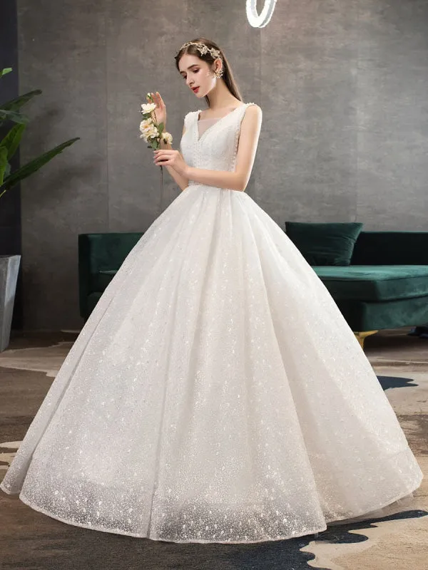 Ivory Wedding Dress Tulle Beaded V Neck Sleeveless Floor Length Princess Bridal Gown