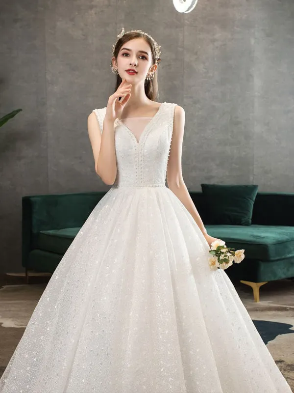 Ivory Wedding Dress Tulle Beaded V Neck Sleeveless Floor Length Princess Bridal Gown