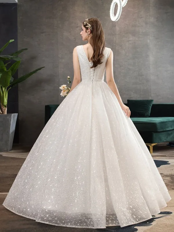 Ivory Wedding Dress Tulle Beaded V Neck Sleeveless Floor Length Princess Bridal Gown