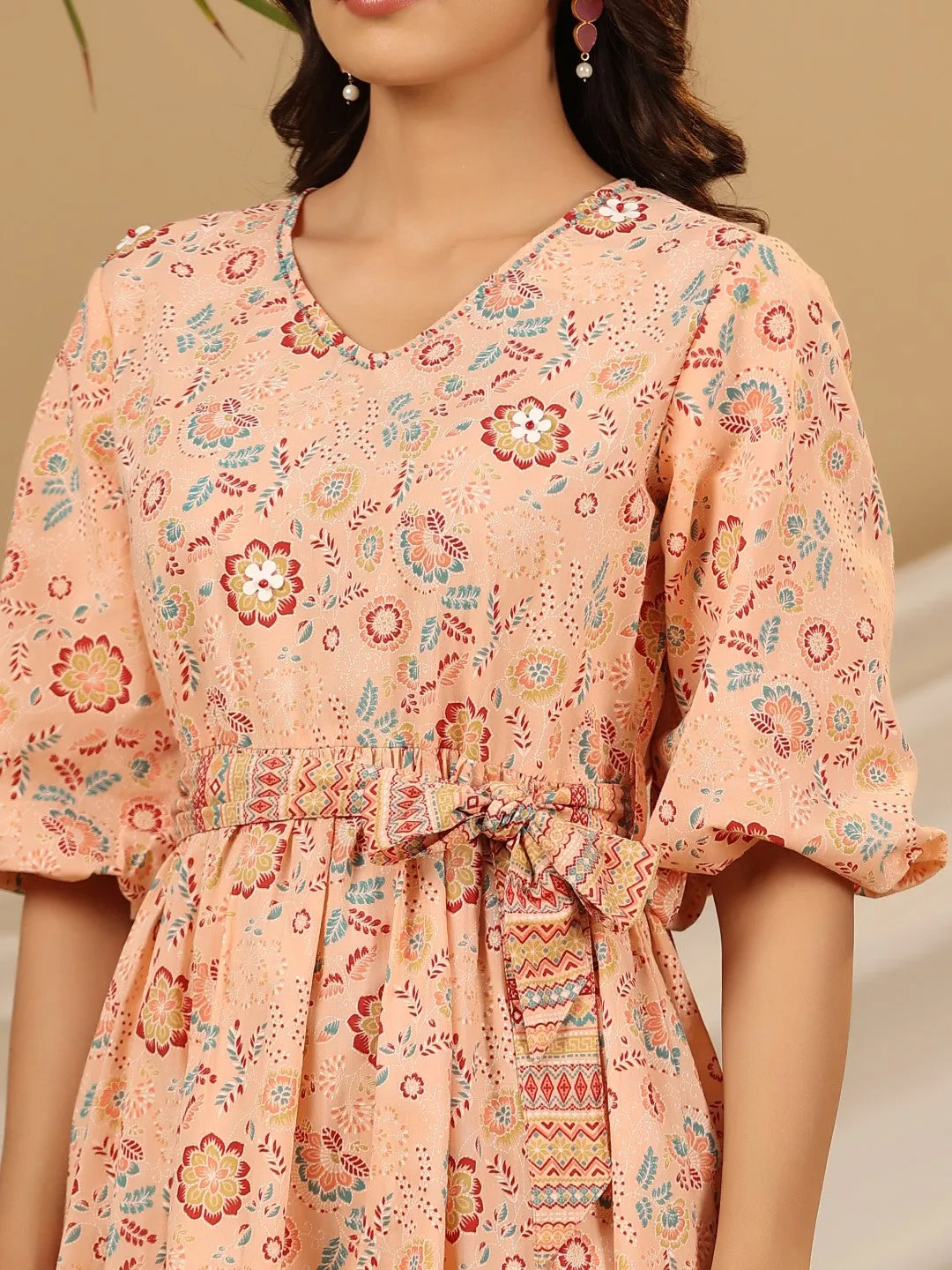 Juniper Peach Floral Printed Pure Cotton Short Dress With Belt & Beads Work