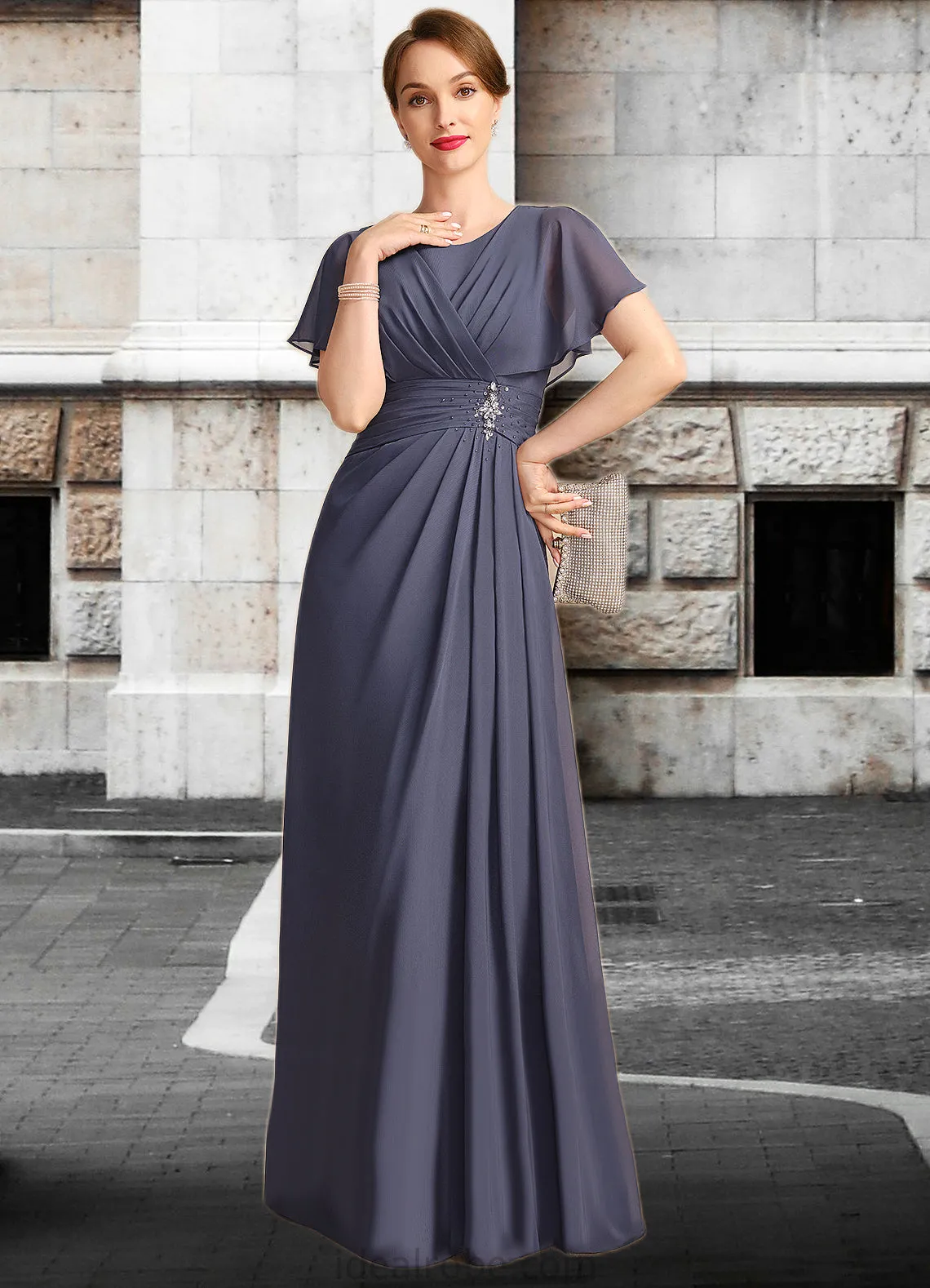 Katherine A-line Scoop Floor-Length Chiffon Mother of the Bride Dress With Beading Pleated STKP0021717