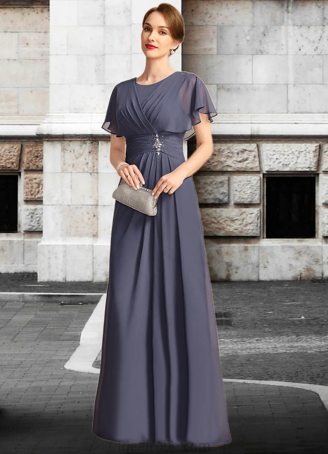 Katherine A-line Scoop Floor-Length Chiffon Mother of the Bride Dress With Beading Pleated STKP0021717