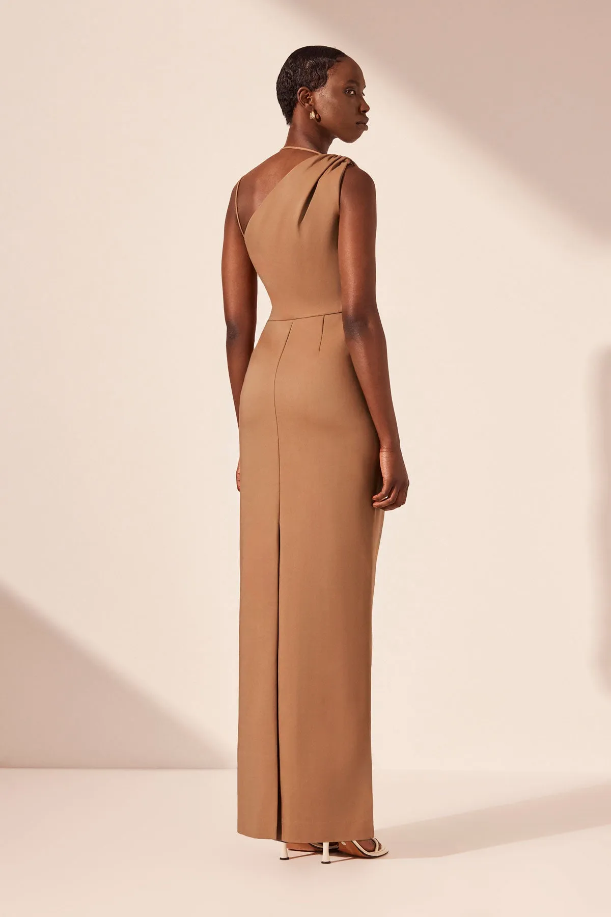 LANI ASYMMETRICAL GATHERED MAXI DRESS - CINNAMON