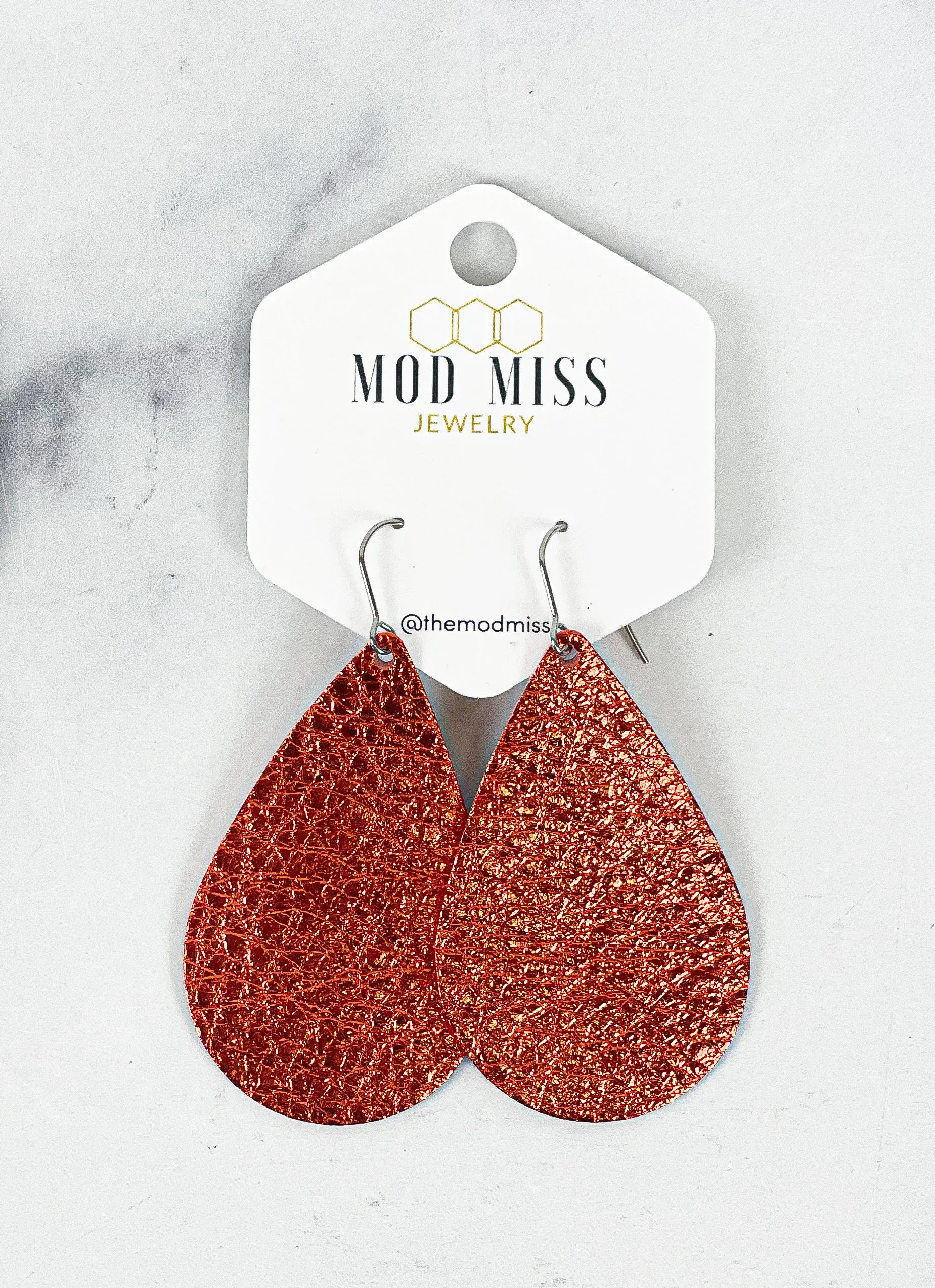 Leather Teardrop Earring Metallic Orange