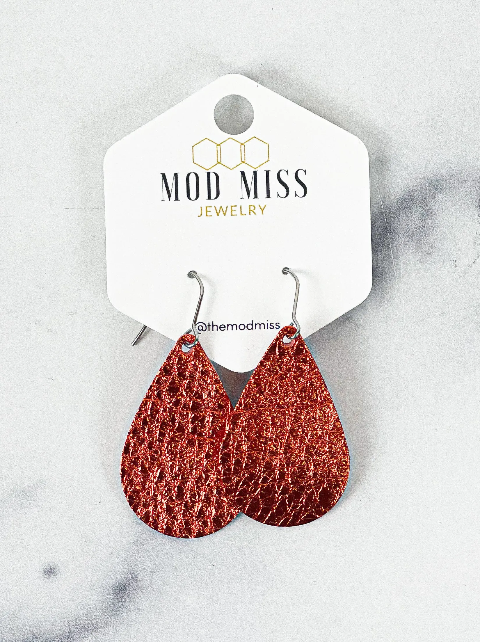 Leather Teardrop Earring Metallic Orange