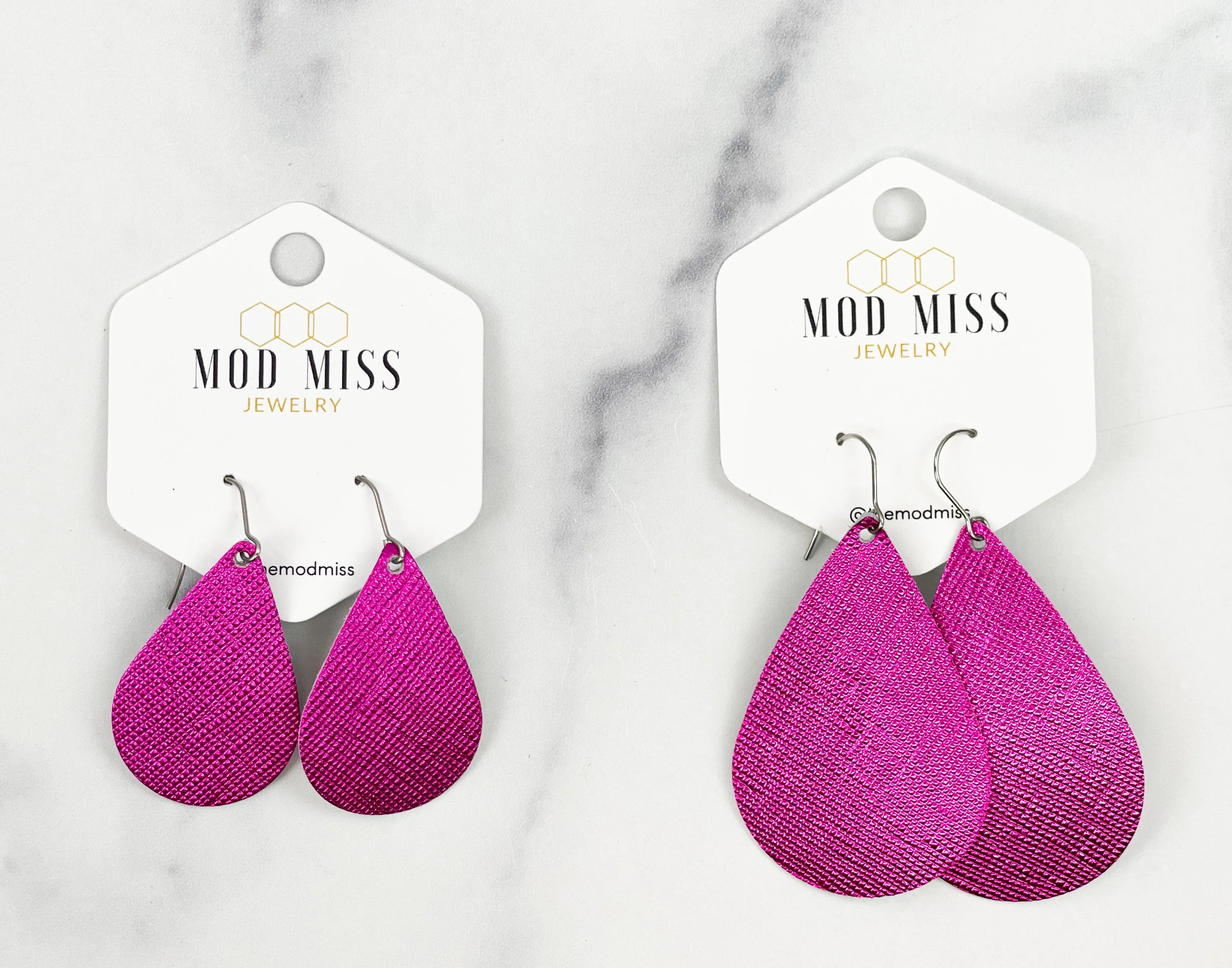 Leather Teardrop Earring Saffiano Metallic Pink