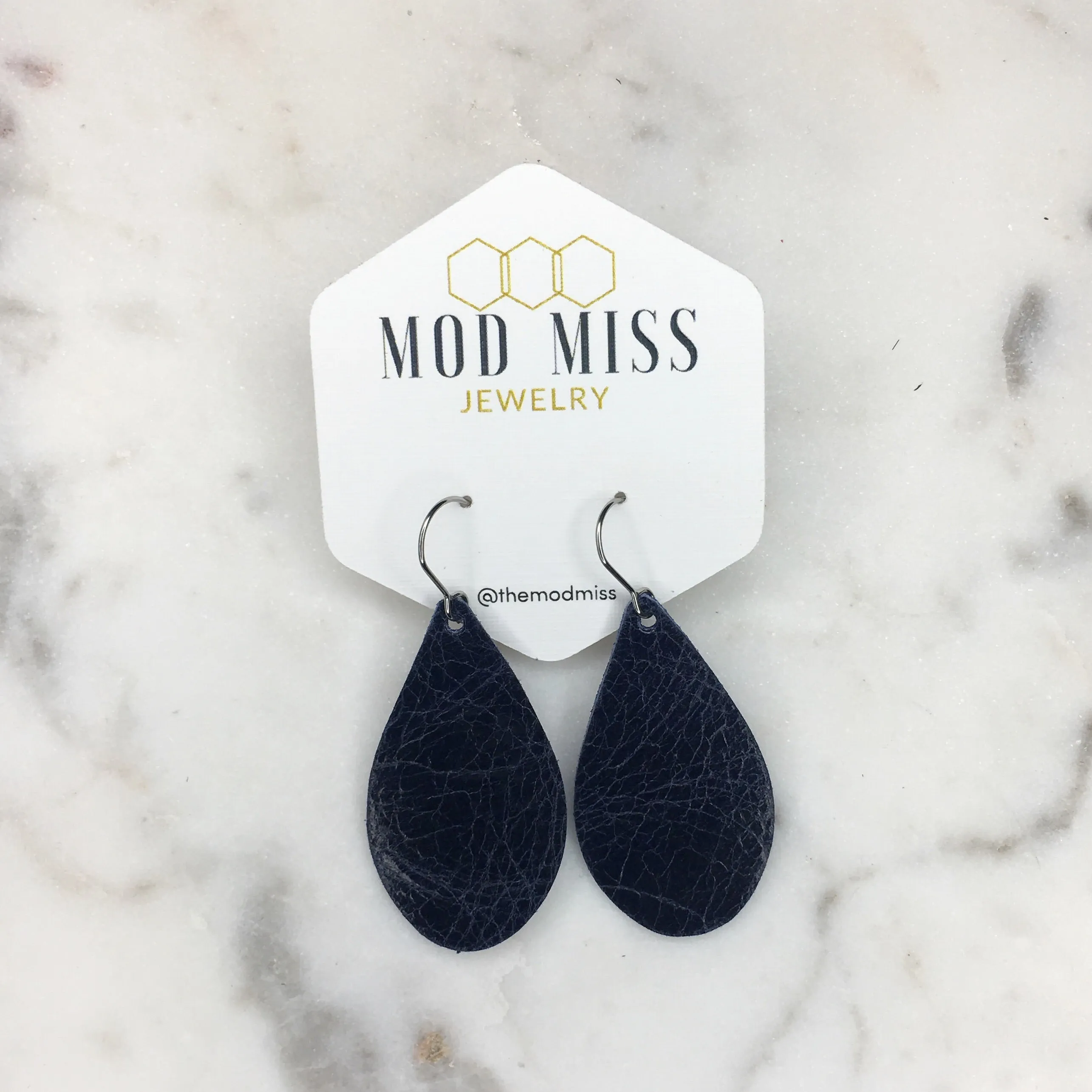 Leather Teardrop Earring Worn Navy