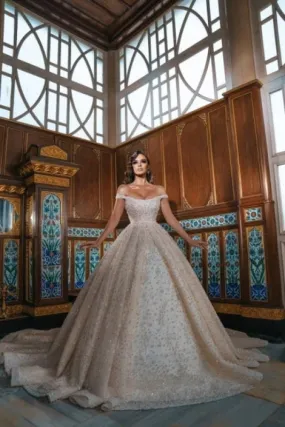 Luxurious Off-the-Shoulder Crystals Ball Gown with Front Slit Chapel Train Wedding Dress