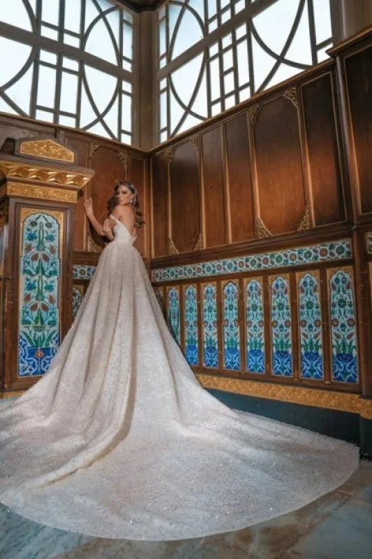 Luxurious Off-the-Shoulder Crystals Ball Gown with Front Slit Chapel Train Wedding Dress