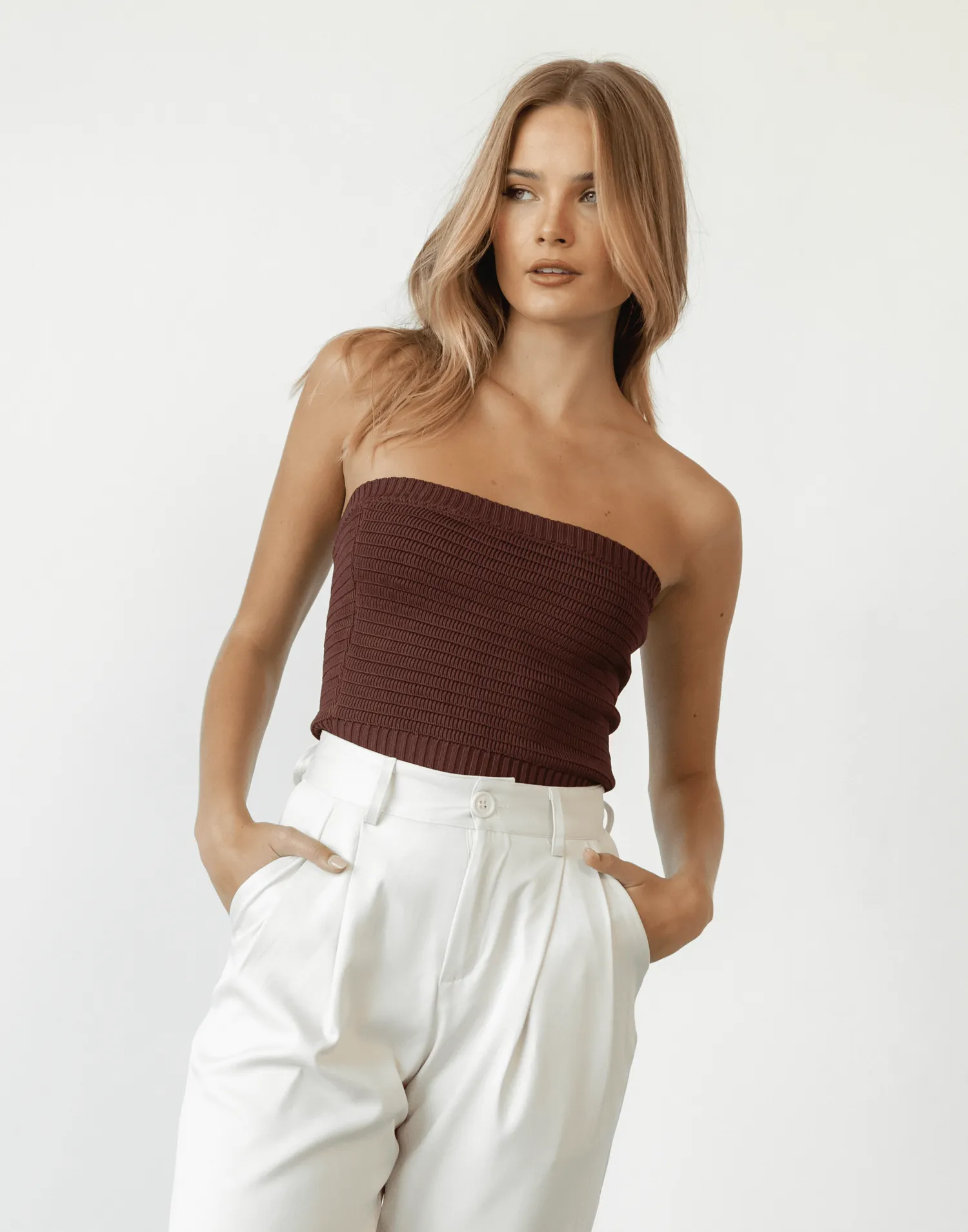 Lytton Strapless Crop Top (Brown)