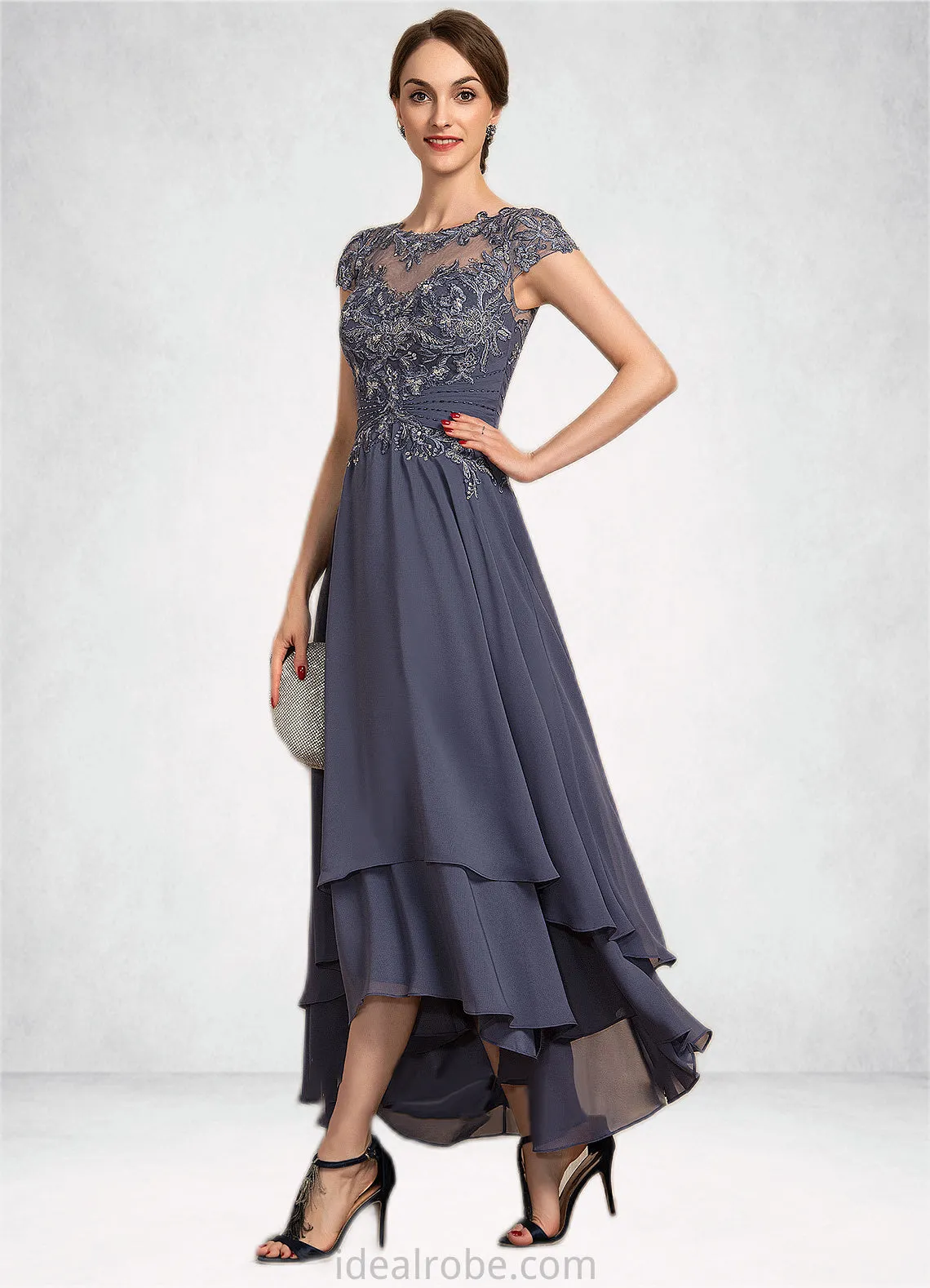 Madeline A-Line Scoop Neck Asymmetrical Chiffon Lace Mother of the Bride Dress With Beading STK126P0014534