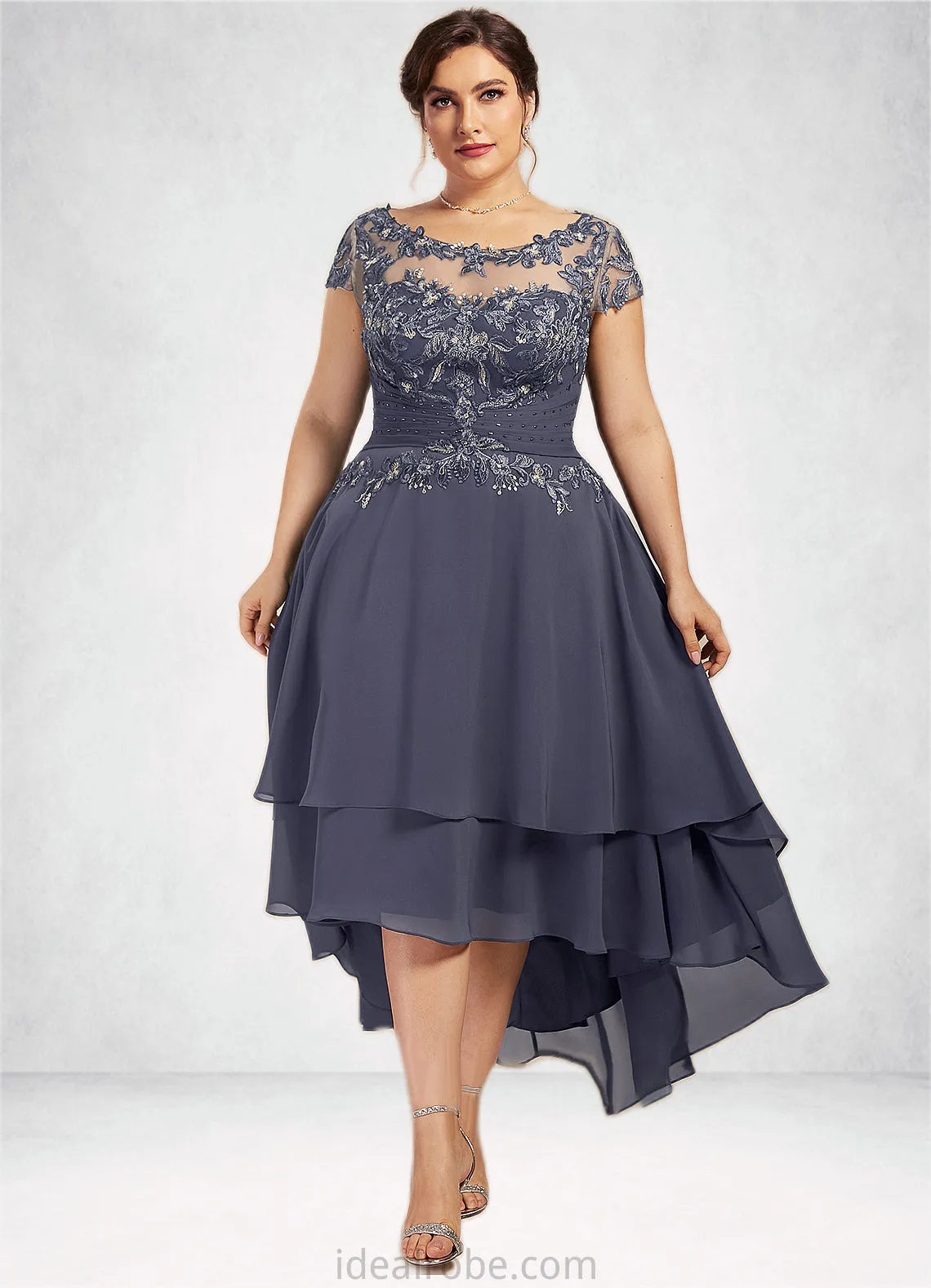 Madeline A-Line Scoop Neck Asymmetrical Chiffon Lace Mother of the Bride Dress With Beading STK126P0014534