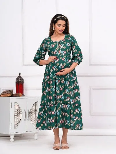 Maternity Feeding Green Cotton Maxi Dress Gown