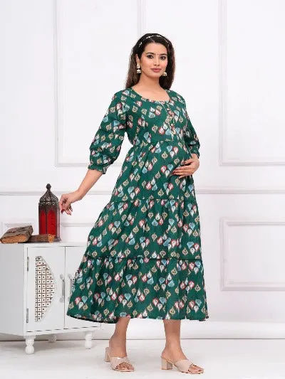 Maternity Feeding Green Cotton Maxi Dress Gown