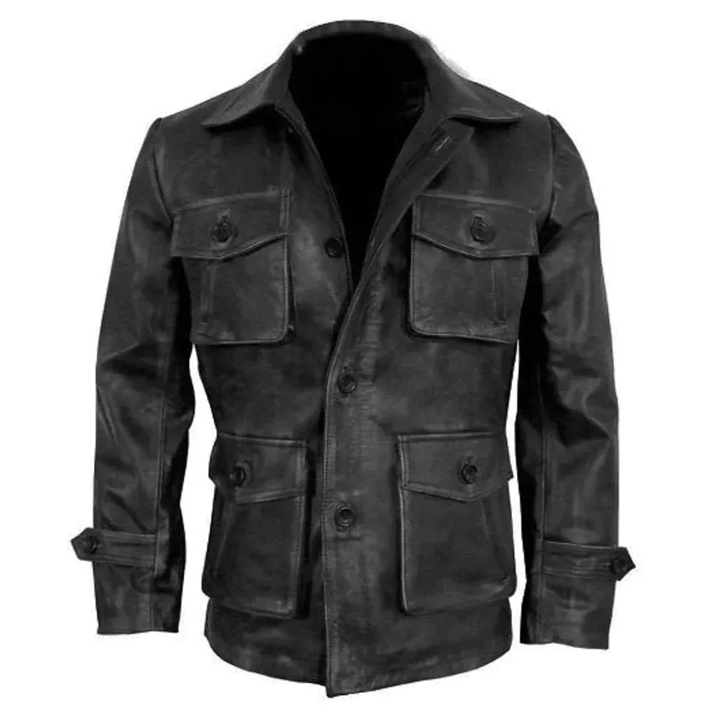 Mens Cafe Racer Biker Distressed Leather Jacket Coat