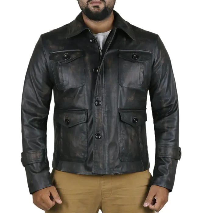 Mens Cafe Racer Biker Distressed Leather Jacket Coat