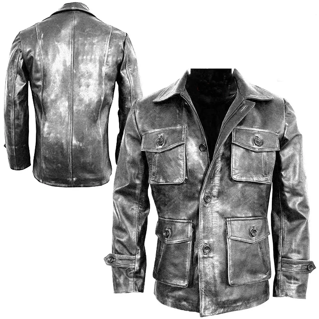 Mens Cafe Racer Biker Distressed Leather Jacket Coat