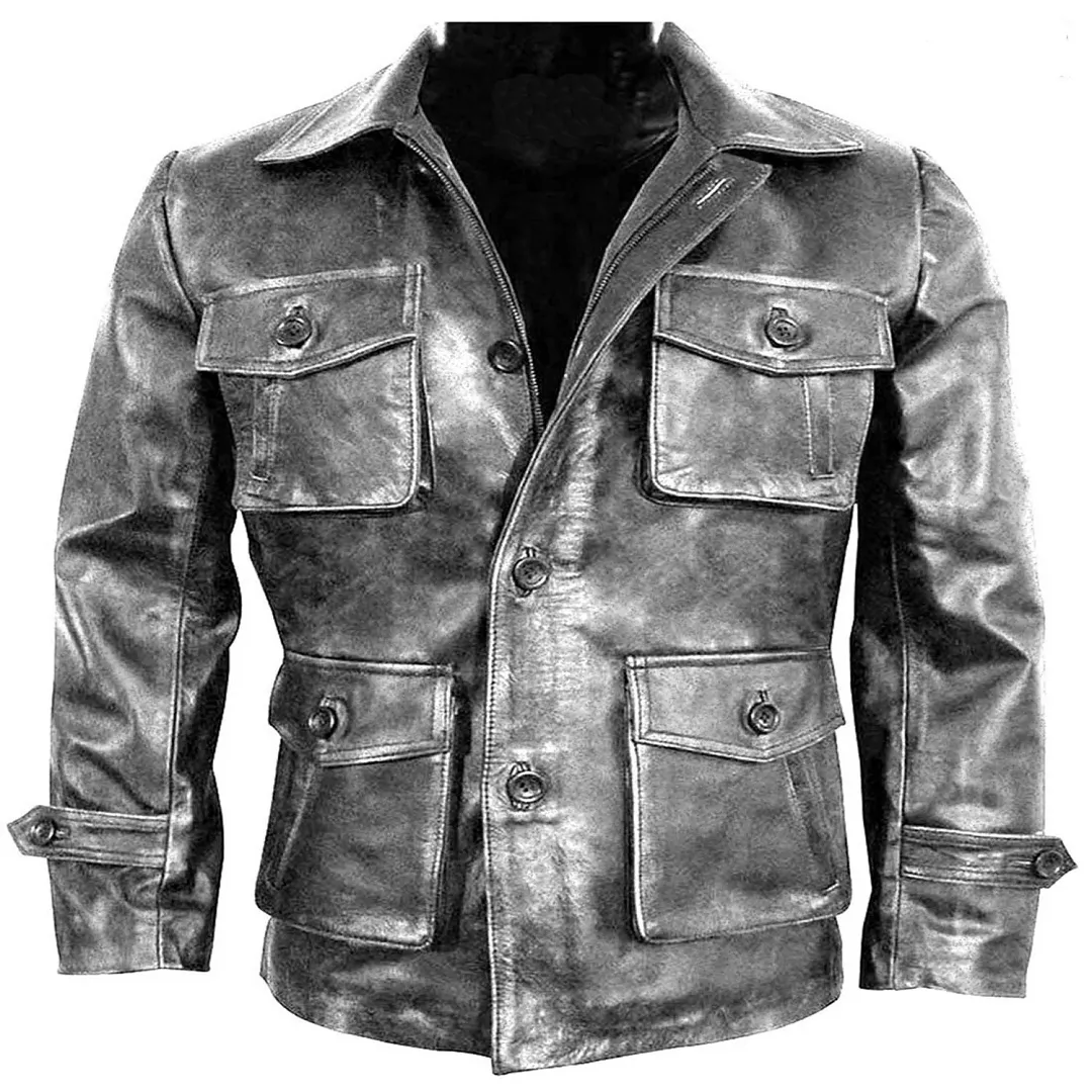 Mens Cafe Racer Biker Distressed Leather Jacket Coat