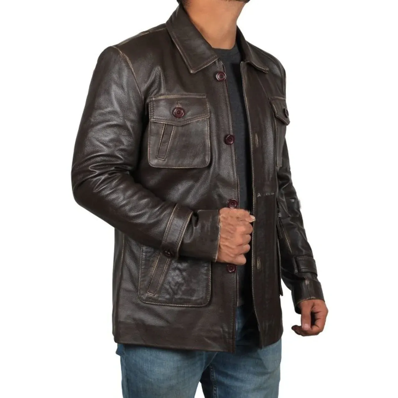 Mens Cafe Racer Biker Distressed Leather Jacket Coat