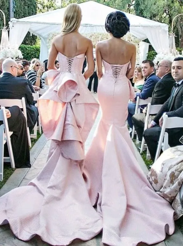 Mermaid Sweetheart Long Pink Satin Bridesmaid Dress