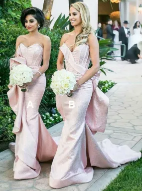 Mermaid Sweetheart Long Pink Satin Bridesmaid Dress