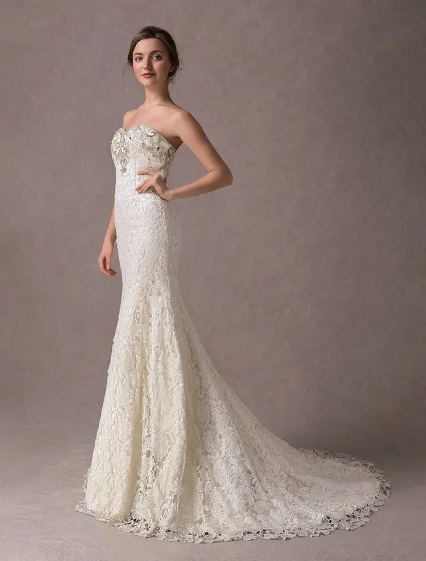 Mermaid Wedding Dresses Lace Strapless Ivory Sweetheart Beaded Bridal Dress With Train Exclusive