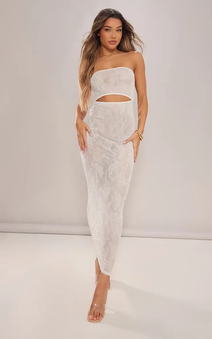 Mesh panel bandeau maxi dress in cream