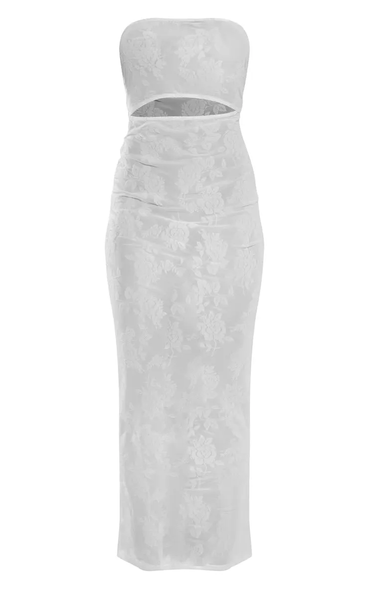 Mesh panel bandeau maxi dress in cream