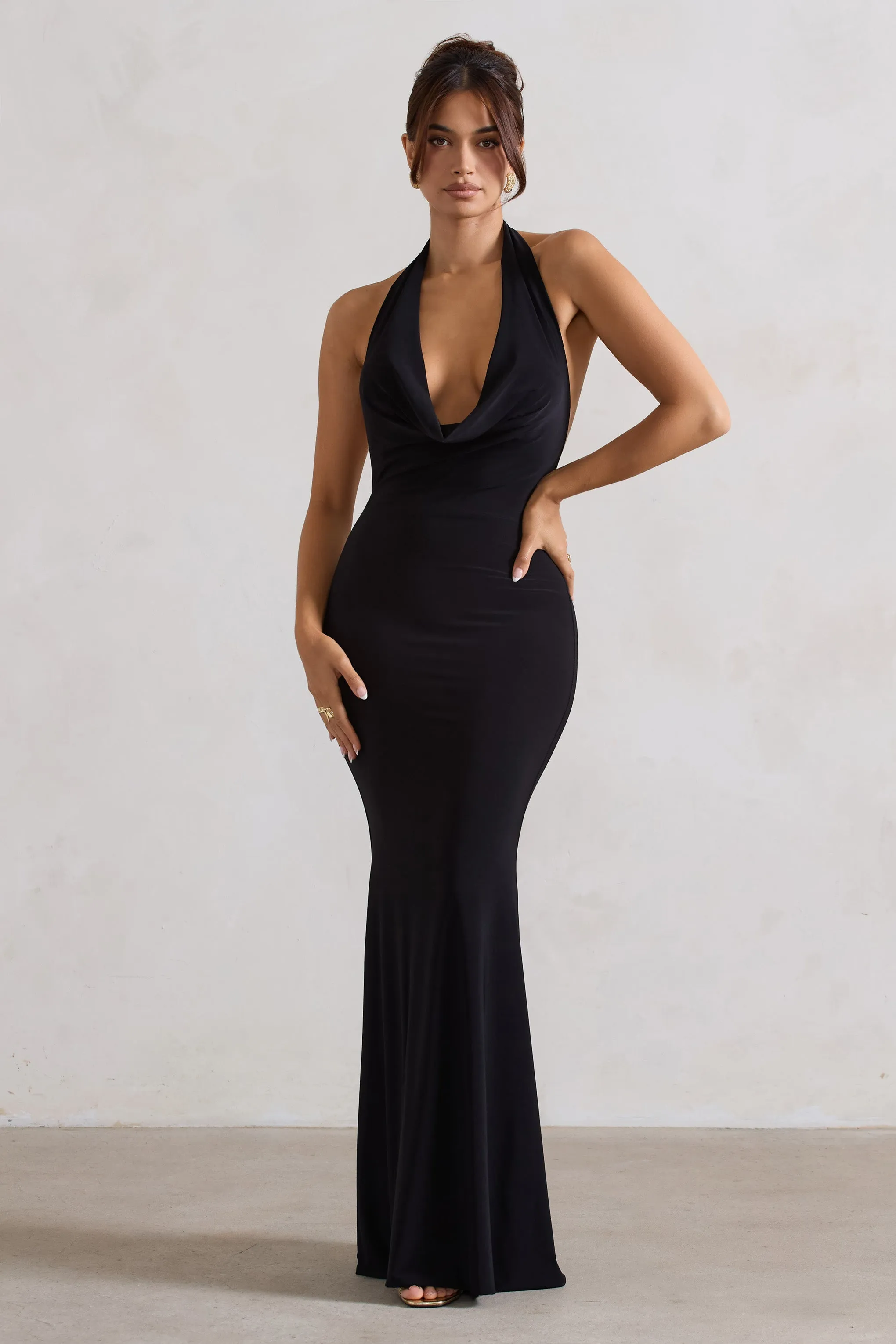 Milani | Black Backless Cowl Neck Fishtail Maxi Dress