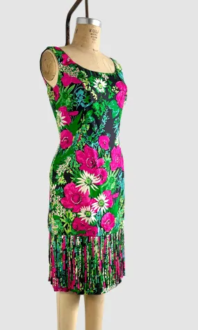 MR. BLACKWELL 50s Silk Floral Dress with Fringe Medium