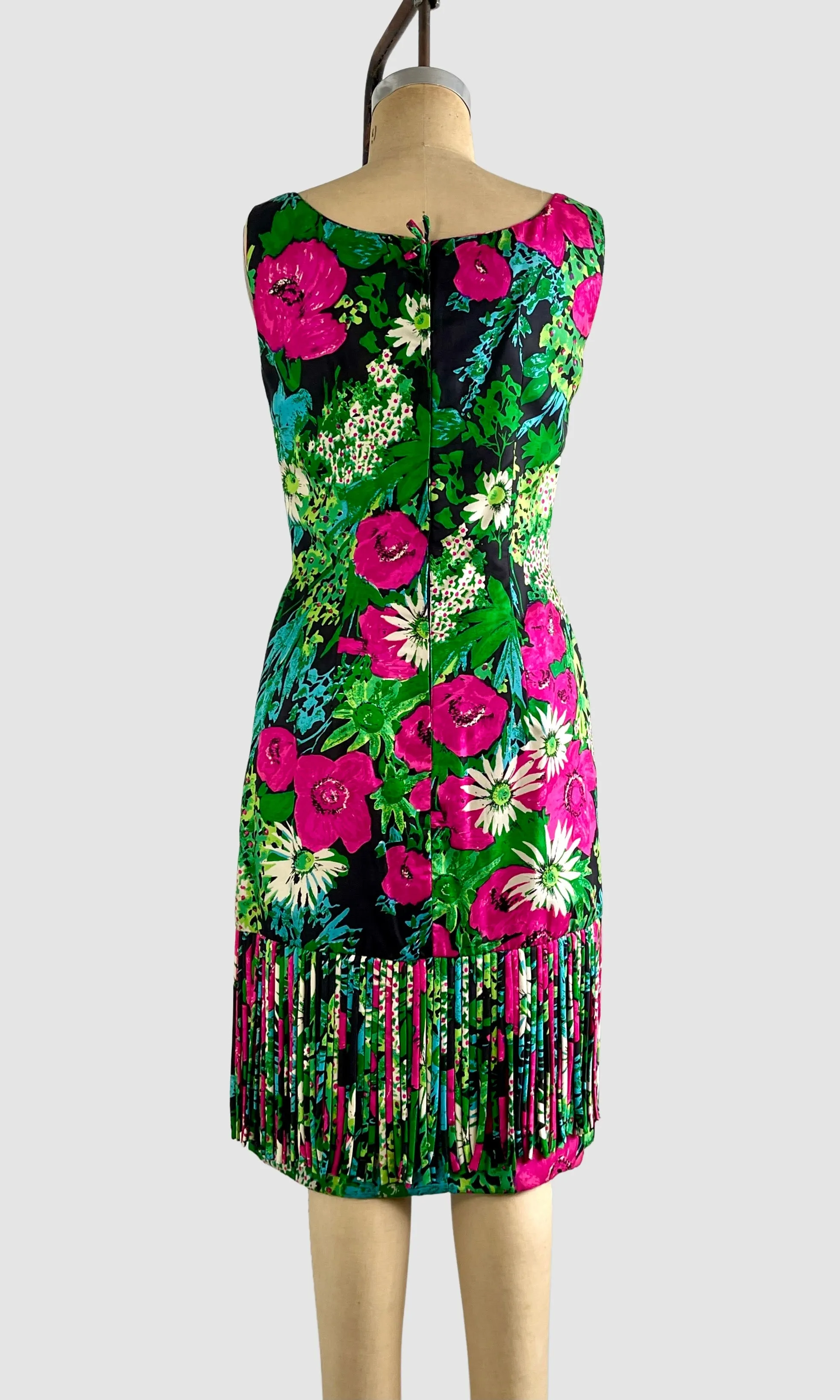 MR. BLACKWELL 50s Silk Floral Dress with Fringe Medium