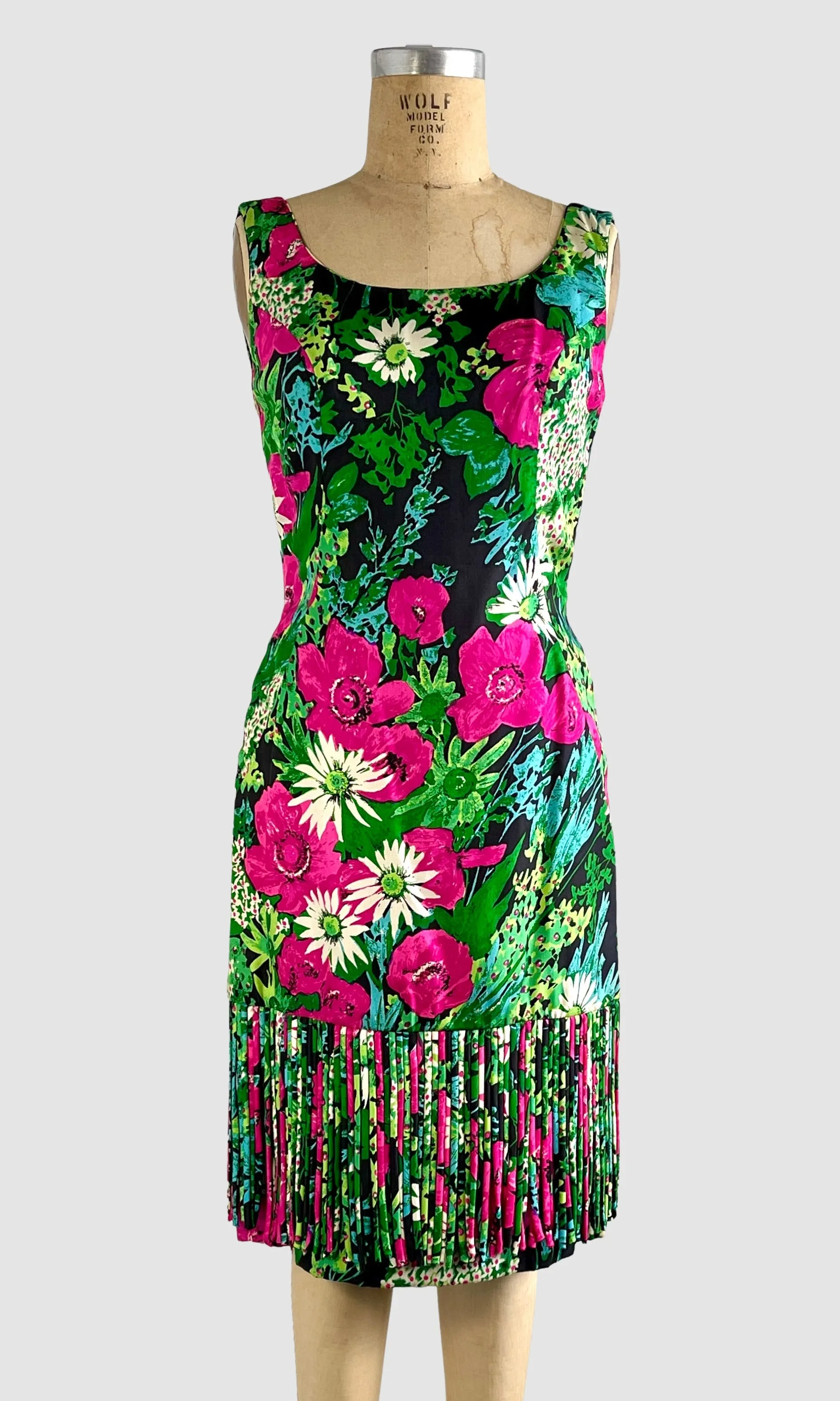 MR. BLACKWELL 50s Silk Floral Dress with Fringe Medium