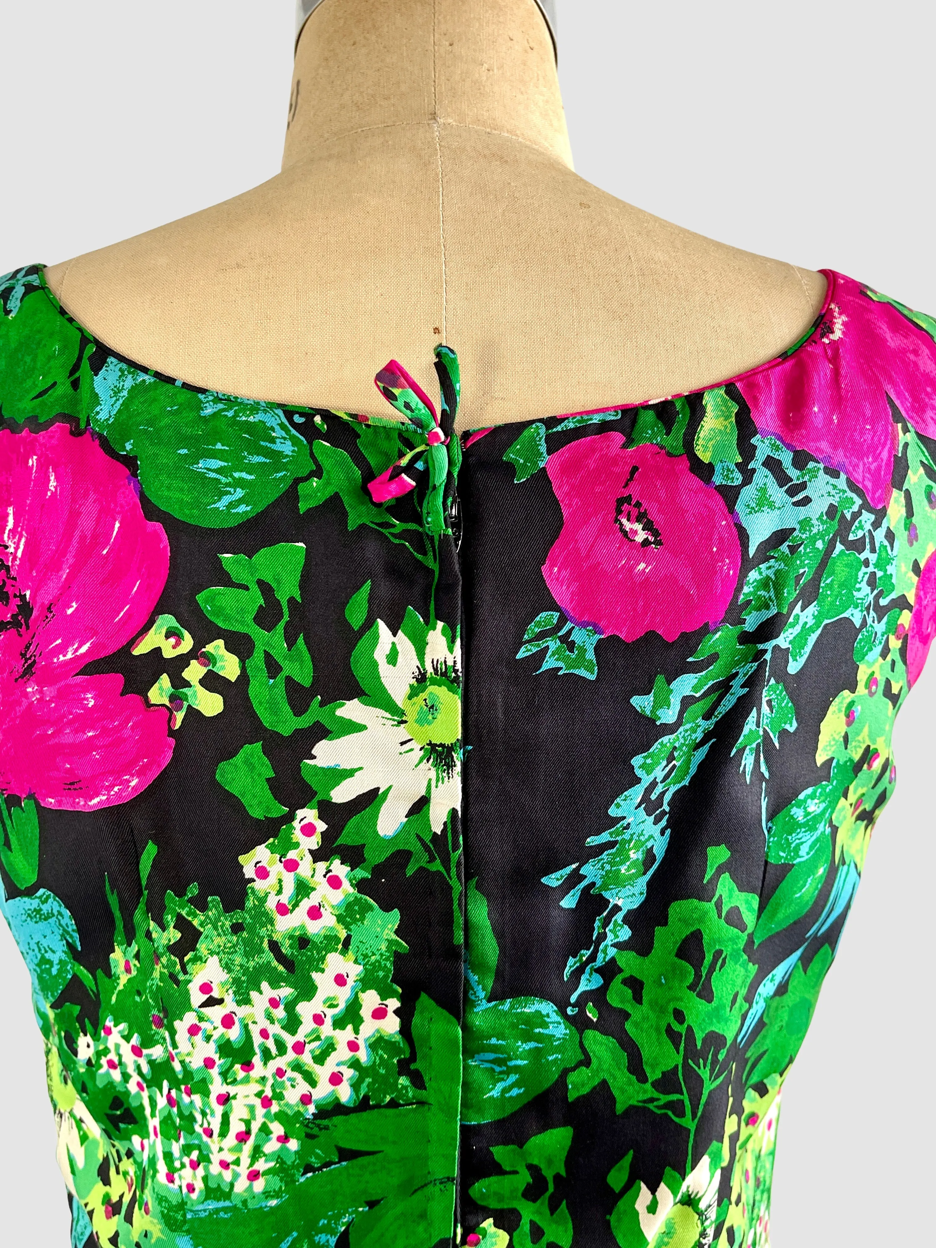 MR. BLACKWELL 50s Silk Floral Dress with Fringe Medium