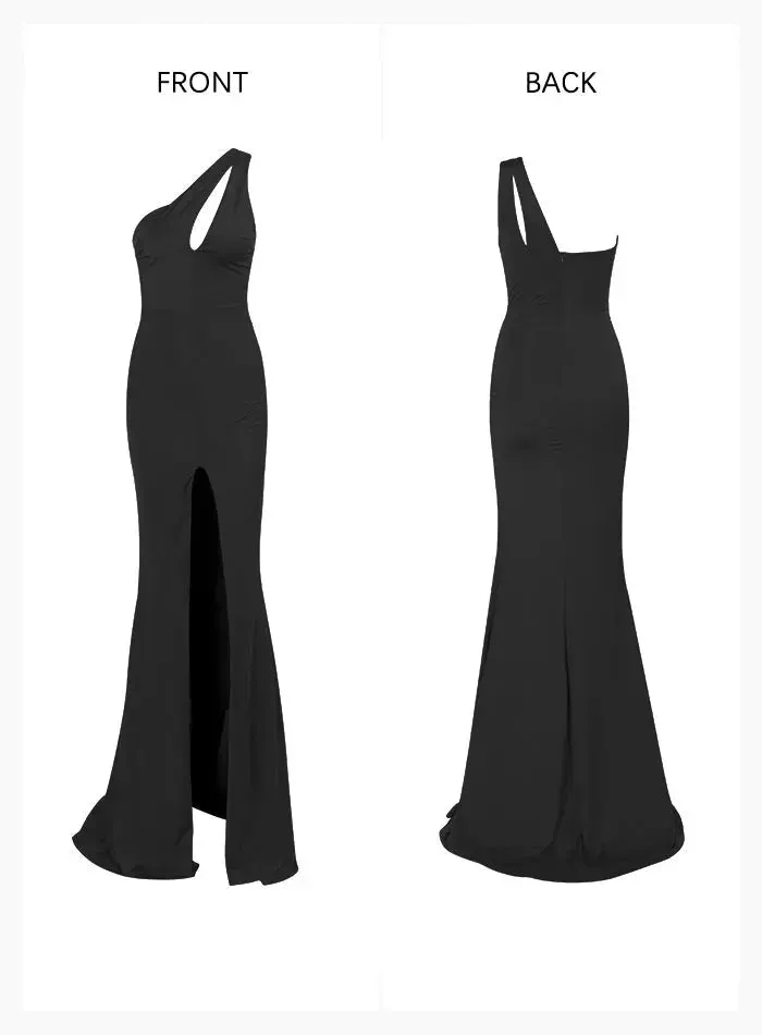 One-Shoulder Elastic Material Split Party Maxi Dress