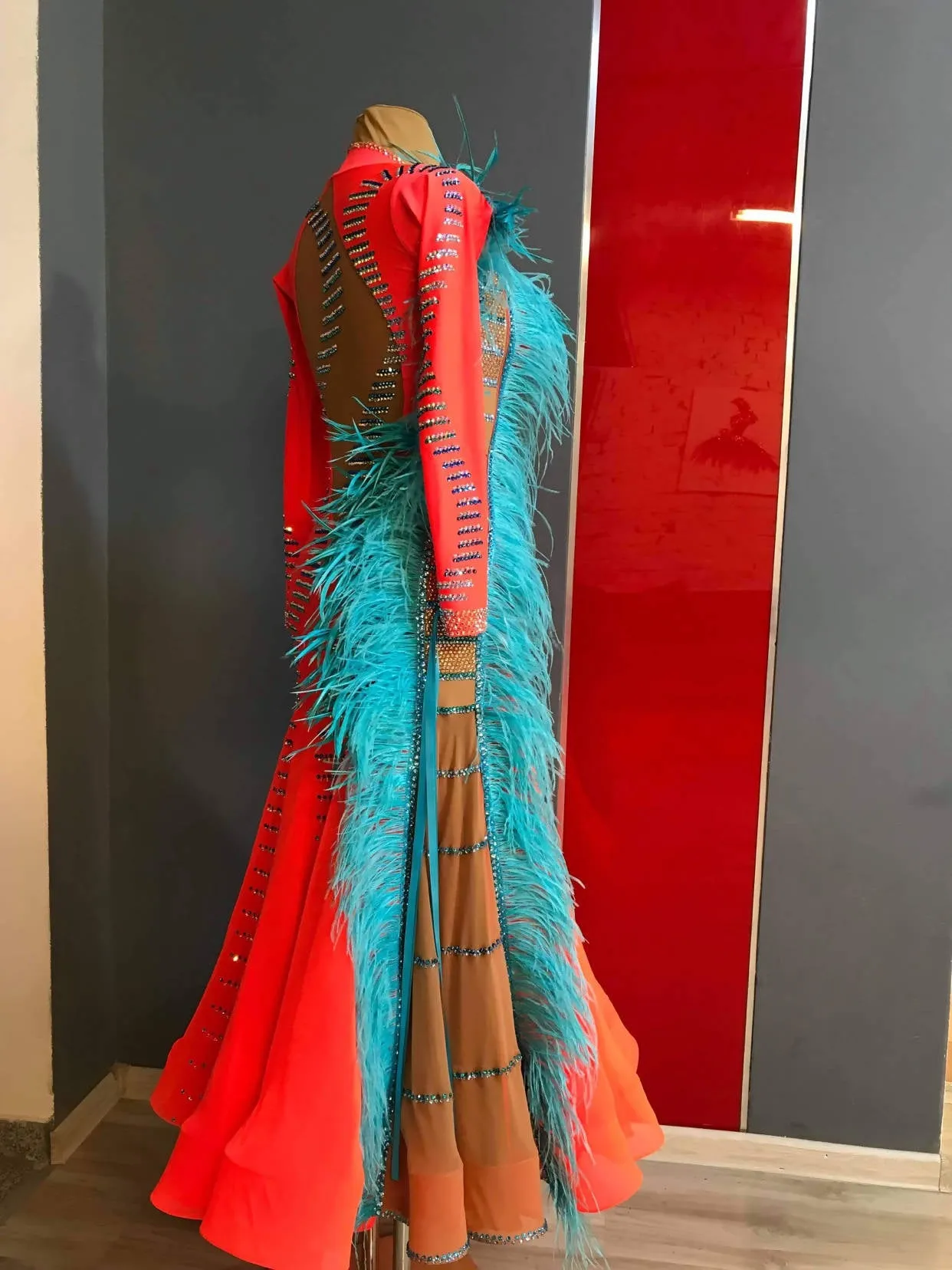 Orange Ballroom Dress with Blue Feathers